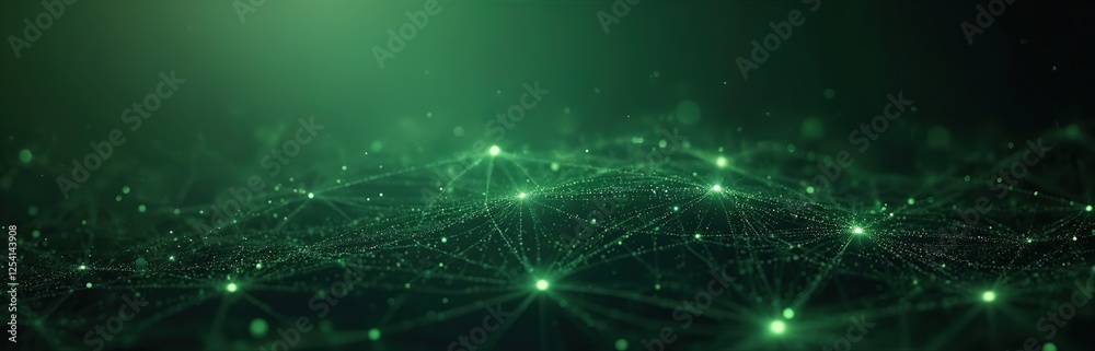 Aufkleber Illustration of intricate green tech web patterns with subtle white particles on dark background. Clean look. Futuristic big data net concept. Hologram, virtual mesh.