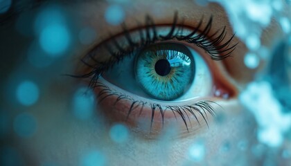 Close-up turquoise blue eye looking through glass pieces. Shattered surface abstract reflection. Intrigue stare, broken vision, mysterious perceptive optical concept. Ophthalmology, eye health theme.