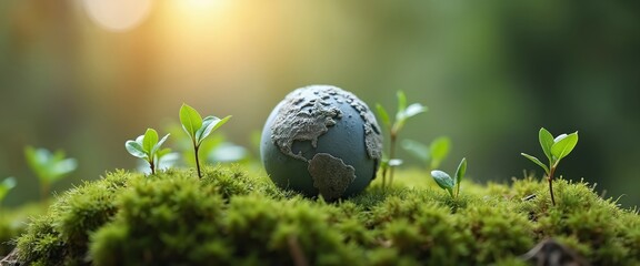 World globe lies on moss with fresh sprouts. Eco awareness concept to reduce greenhouse gas emissions, protect environment, slow global warming. Earth covered with flora.
