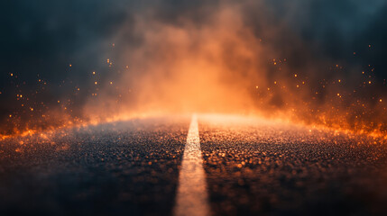 Obraz premium A bokeh-style photograph capturing the motion of a horizontal stadium asphalt road, viewed from the front, with a smoky haze and a dramatic dark blue and orange background