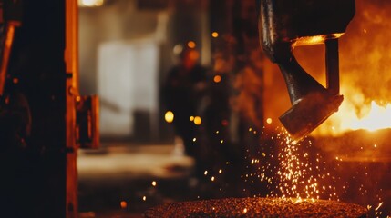 An intimate shot of craftsmen in a metal foundry, pouring molten metal into molds for casting, Metal foundry scene