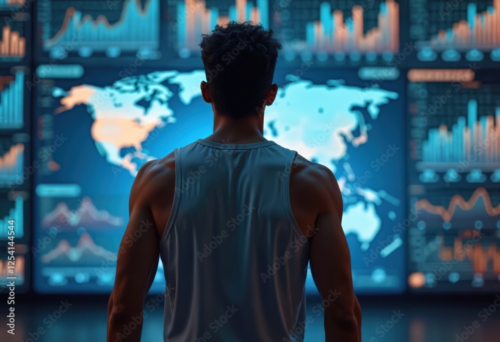 Aufkleber Athletic man analyzes sports data using AI. Athlete optimizes training and enhances performance with machine learning, big data analytics. Coach creates game strategy using graphs, charts.
