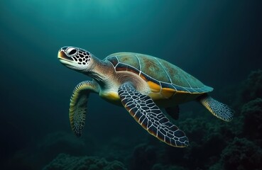 Fototapeta premium Sea turtle swims in blue ocean. Protection of sea turtles from extinction concept, underwater life, pollution of the environment, diving, freediving at sea resorts. Marine animal underwater.