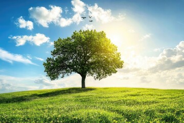 A solitary tree stands tall in a sunlit field, surrounded by lush green grass and blue skies, symbolizing resilience and the beauty of nature’s simplicity.