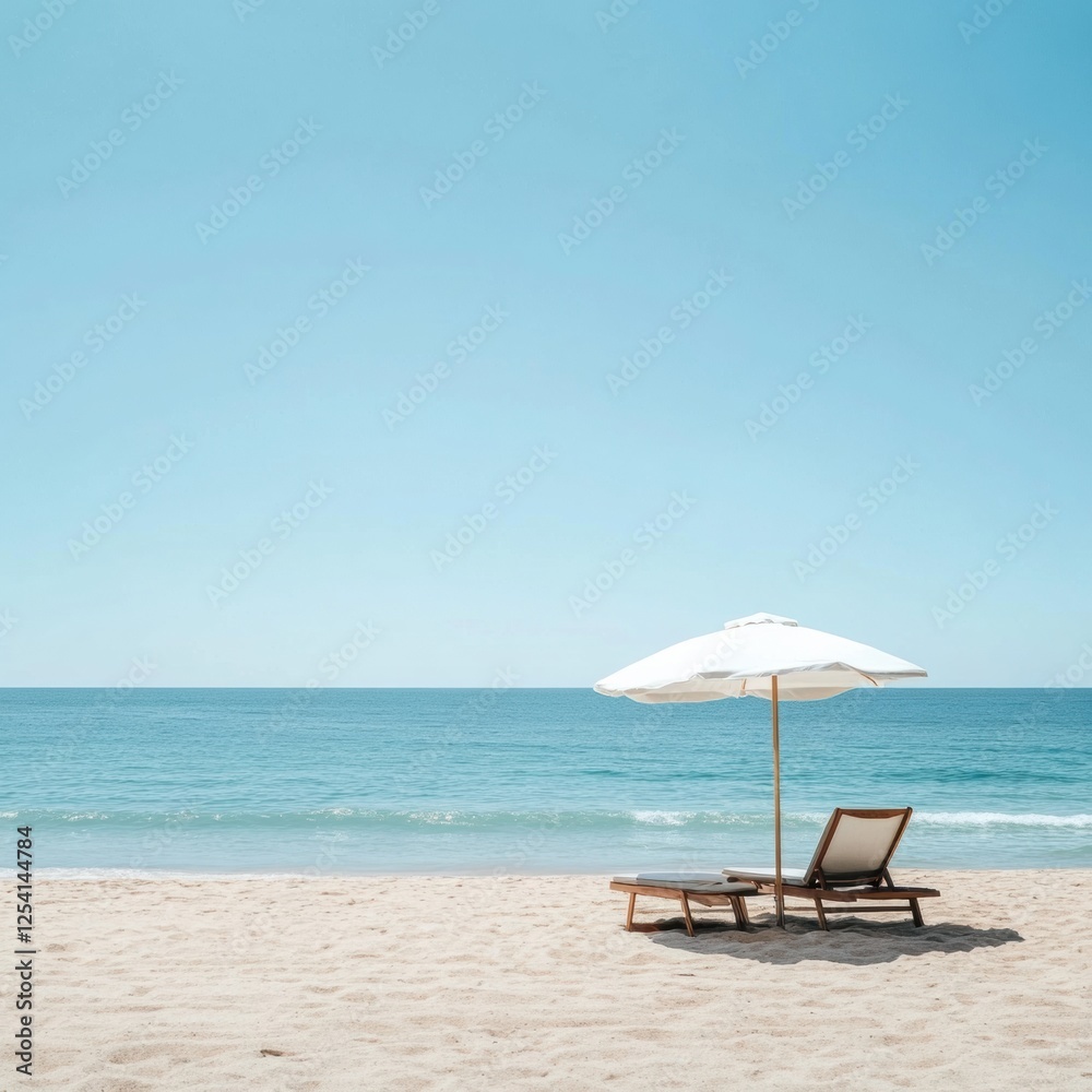 Poster Relax in a minimalistic beach setting with a lounge chair and umbrella overlooking calm ocean waves under a clear blue sky. Generative AI