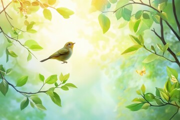 Obraz premium This enchanting image showcases a vibrant bird surrounded by lush green leaves, creating a serene atmosphere that evokes feelings of peace and tranquility in nature.