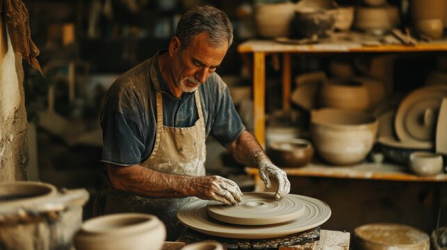 An intimate shot of craftsmen in a traditional pottery workshop, molding clay into intricate ceramic artworks, Pottery workshop scene