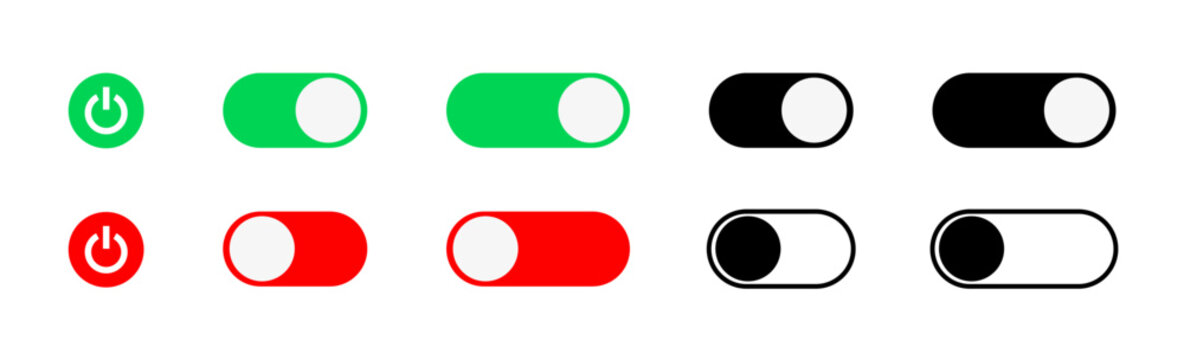 On and off toggle switch buttons in material design. A set of modern switch buttons for UI elements, apps, and websites. Clean and minimal vector illustration.