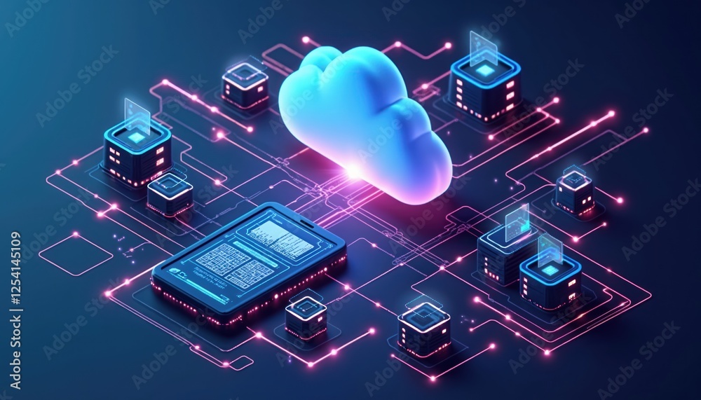 Poster Isometric cloud storage illustration for secure data download, upload on mobile device. Digital application connects server, network. Computing tech for files backup and data transmission.
