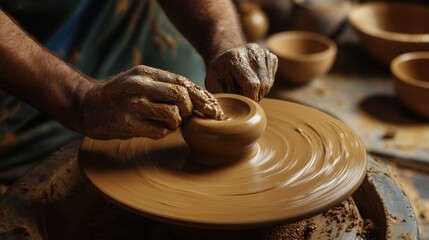 An intimate shot of craftsmen in a traditional pottery workshop, molding clay on a pottery wheel for handmade ceramics, Pottery studio scene
