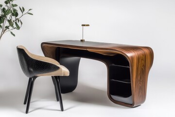 This image showcases a stylish modern desk with a sleek design, made from rich wood, providing both aesthetic appeal and functional workspace for home or office use.