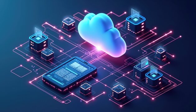 Isometric cloud storage illustration for secure data download, upload on mobile device. Digital application connects server, network. Computing tech for files backup and data transmission.