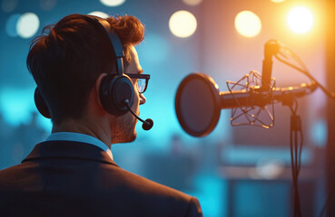 Man wears headset with microphone, prepares recording, online presentation. Person broadcasts live conference call, online meeting remotely, uses modern communication tech in office studio.