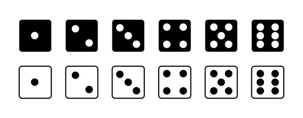 Dice square icon set with six-sided dice designs. A complete vector illustration of classic casino and board game dice for gaming and entertainment visuals.