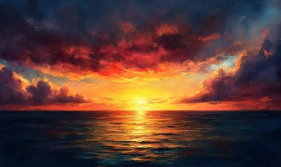 Obraz premium Dramatic sunset over the ocean with fiery clouds painting a vivid canvas at dusk