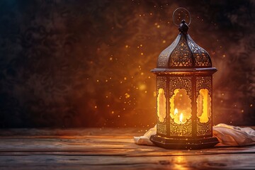 Ramadan scene with lantern, detailed, warm tones, wooden table, dark brown background, ample copy space.