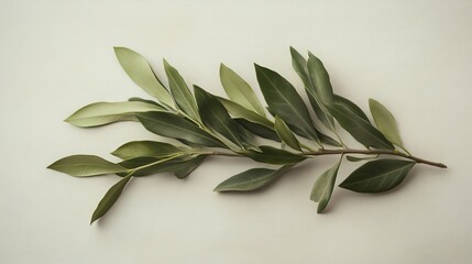 Obraz premium An isolated branch of fresh olive leaves rests on a white backdrop. 