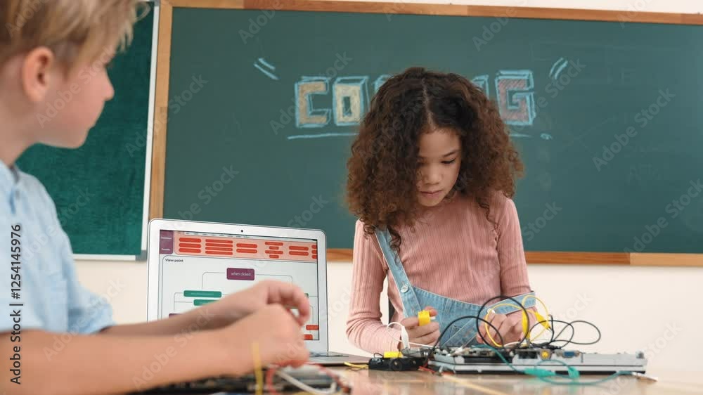 Poster diverse student working electronic board while laptop screen display coding engineering prompt and p