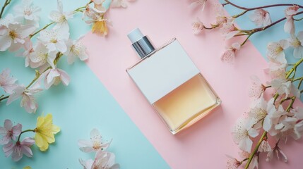 Blank magazine and perfume bottle arranged on a vibrant backdrop, leaving ample room for customized text. 