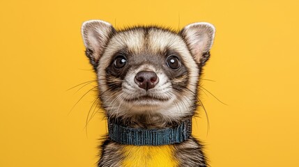 Fototapeta premium Close-up portrait of a small mammal against a bright yellow background. Possible use Animal education materials