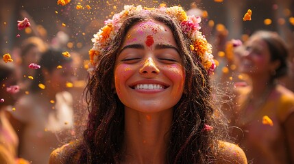 Vibrant Holi celebration with people throwing colored powders laughter and joy in a festive atmosphere representing cultural unity and joy