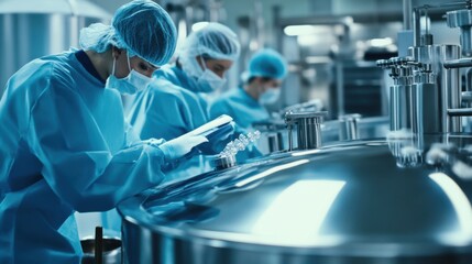 An intimate shot of workers in a pharmaceutical manufacturing plant, inspecting production lines for quality control, Pharmaceutical manufacturing scene