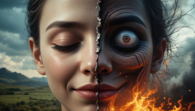 Artistic rendering of a split-faced human portrait, juxtaposing serene nature with fiery intensity, symbolizing inner duality and stark contrasts