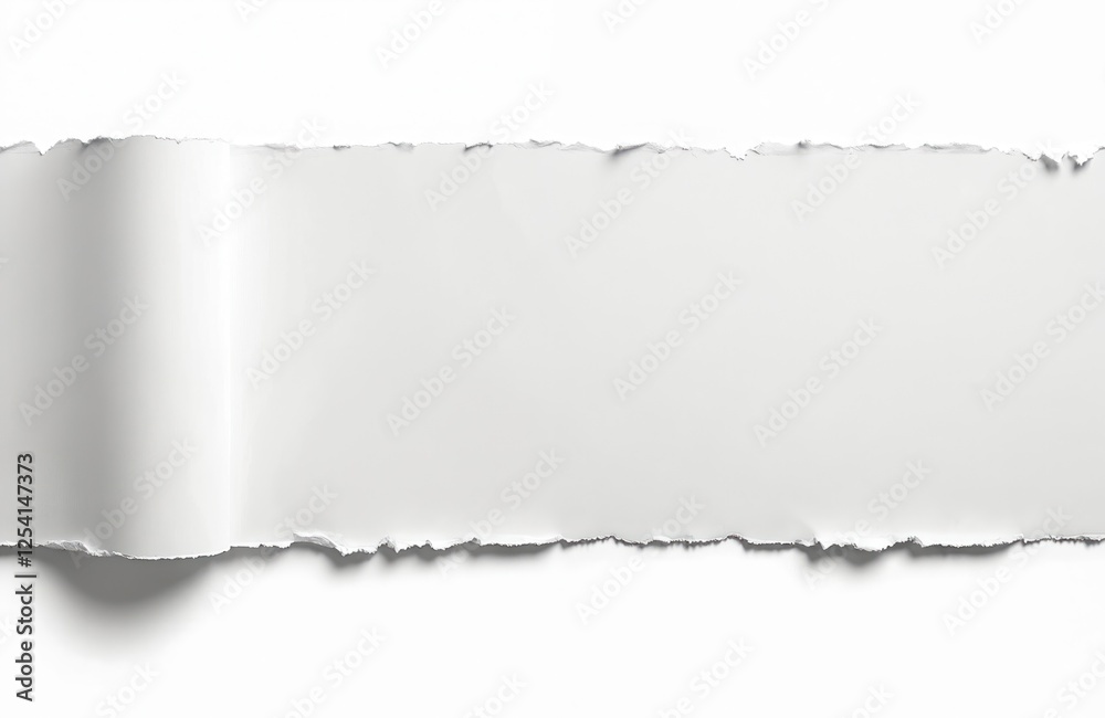 Poster torn white paper with ripped edges on white background. blank light backdrop with copy space for mes