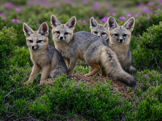Obraz premium Four foxes sit together surrounded by lush green vegetation and vibrant flowers, creating a serene scene of natural beauty