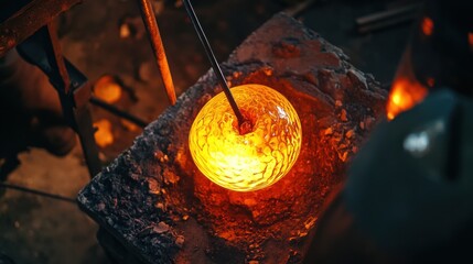 An intimate view of a glassblower shaping molten glass in a traditional workshop, Glassblowing scene, Artistic and meticulous style