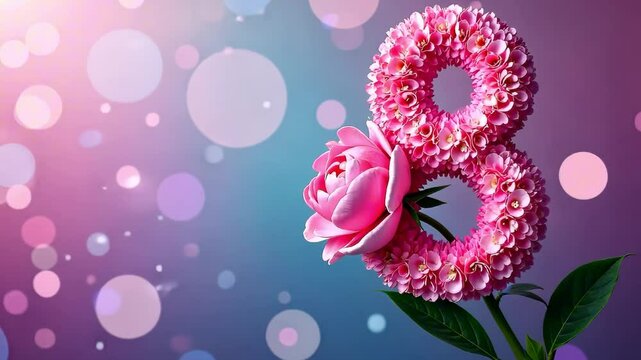 Number 8 consisting of pink flowers is on the right, a pink peony flower is threaded through its lower circle, the number moves on a pink-blue background with bokeh in motion. The concept of March 8
