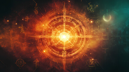 Obraz premium Glowing ancient runes and mystical symbols radiating ethereal energy archaic primordial arcane esoteric ritual sigils exuding celestial metaphysical power. Eclipse Prophecies. Illustration