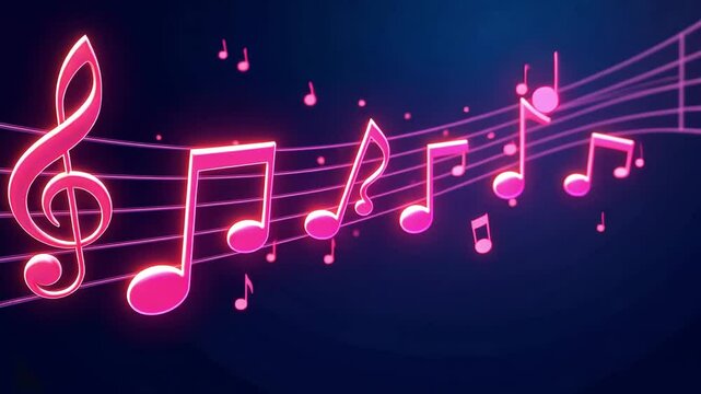 Pink neon melodies and a treble clef on a bar grid against a dark background moves surrounded by other flying notes. The concept of music, playing instruments.