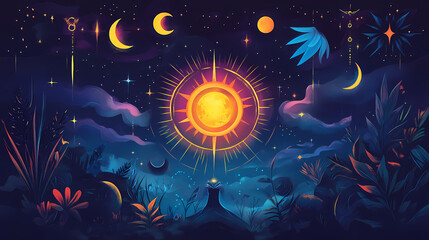 Fototapeta premium Magic ritual with esoteric fortune and esoterconcept. Eclipse Prophecies. Illustration