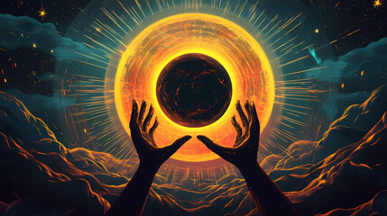 Magic ritual with esoteric fortune and esoterconcept. Eclipse Prophecies. Illustration