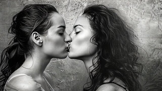 two women kissing close-up. Selective focus