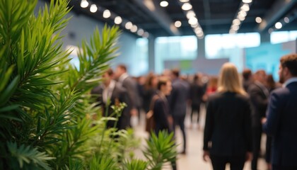 Indoor photo of Circular Economy Conference with blurred crowd networking at exibition. Focus on plant decor in foreground, sustainability exhibits. Modern urban city event, environmentally friendly