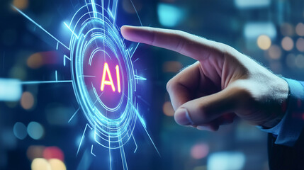 Businessman extends hand towards glowing AI hologram. AI in business concept, artificial intelligence transforms corporate processes. AI is the future of the digital economy.)