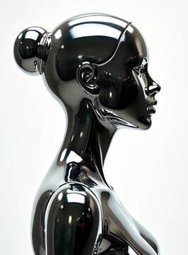 Futuristic chrome woman mannequin side view isolated on white. Shiny gloss metal human sculpture rendering. Y2K liquid metal music poster design element.