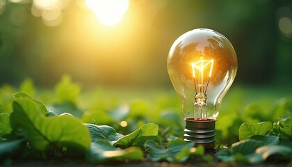Light bulb glowing among green leaves against sun. Symbolizes energy efficiency, eco solutions, green tech innovation. Clean sustainable power and environmental responsibility. Energy saving lamp.