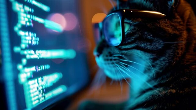Cat hacker wearing glasses uses computer, funny animal works with cyber technology, concept of spy, hack, scam and crime. 
