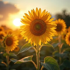 Obraz premium Close-up of yellow sunflower blossoms field at sunset time. Vibrant nature landscape with sunflowers farm at dawn for inspirational background. Summer vacation mood.