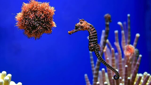A seahorse and a sea urchin swim close-up among coral reefs on a blue background.