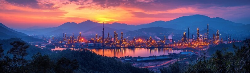 Sunrise captures the outline of a petrochemical plant or an oil and gas refinery