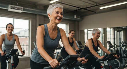 Sonriente, feliz, saludable y delgada mujer mayor con cabello gris practicando deportes en interiores con un grupo de personas en una bicicleta estática en el gimnasio 