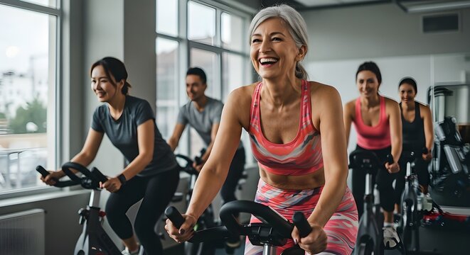 Sonriente, feliz, saludable y delgada mujer mayor con cabello gris practicando deportes en interiores con un grupo de personas en una bicicleta est&aacute;tica en el gimnasio
