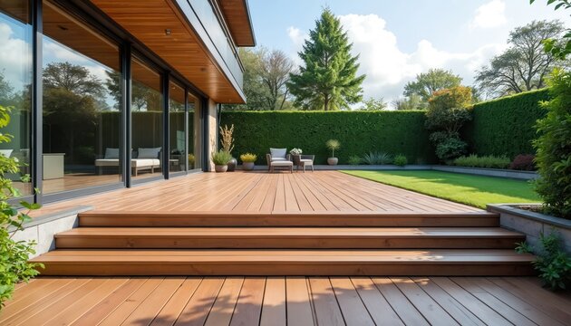 Terrace renovation with wooden WPC decking and substructure. Home improvement, exterior upgrade of garden. Composite board material balcony flooring. Bricolage structure installation by contractor.