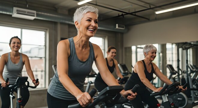Sonriente, feliz, saludable y delgada mujer mayor con cabello gris practicando deportes en interiores con un grupo de personas en una bicicleta estática en el gimnasio
