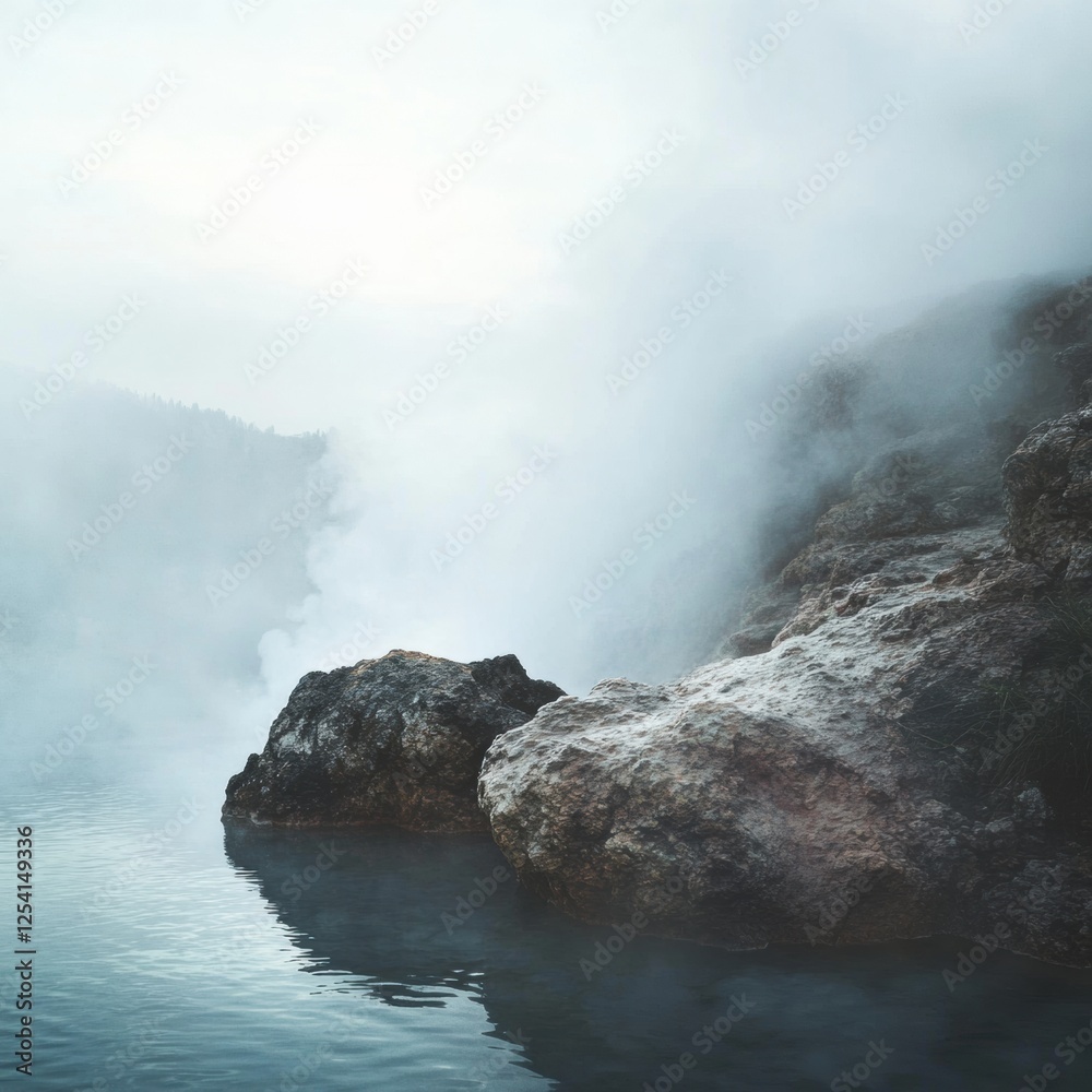 Poster serene hot spring with steam rising above rocky edges in a tranquil natural setting during early mor