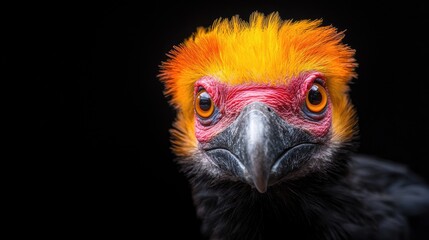 Obraz premium Fiery-crested bird portrait, intense stare, black background, wildlife photography